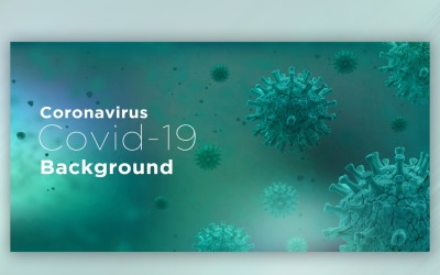 Célula de coronavirus en vista microscópica con ilustración de banner de color verde oscuro