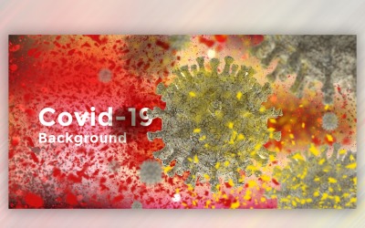 Koronavirová buňka v mikroskopickém zobrazení v obrázku nápisu červené a žluté barvy