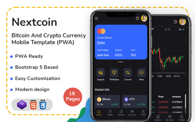 Nextcoin - Bitcoin en cryptovaluta mobiele sjabloon (PWA)
