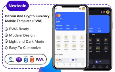 Nextcoin - Modèle mobile Bitcoin et crypto-monnaie (PWA)