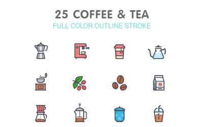Kávé és tea vonal színes Iconset sablonnal