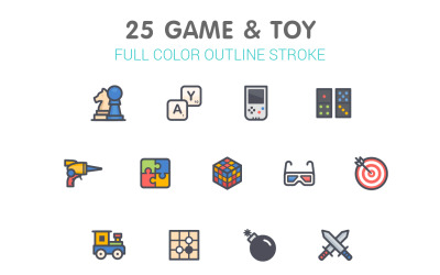 Línea de juegos y juguetes con plantilla de conjunto de iconos de colores