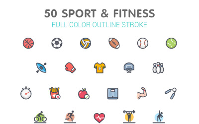 Linha de esporte e fitness com modelo de conjunto de ícones coloridos