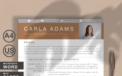 Carla Adams tiszta modern önéletrajz sablon a WORD és az OLDALOK számára