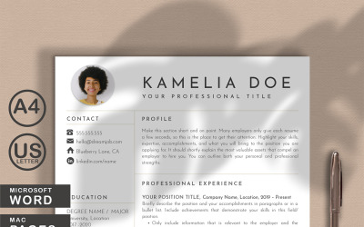 Kamelia Doe CV plantilla Word y páginas con imagen