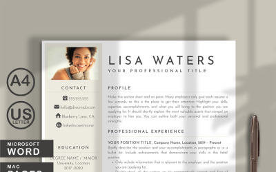 Lisa Waters Professional önéletrajz sablon a WORD és az OLDALOK számára