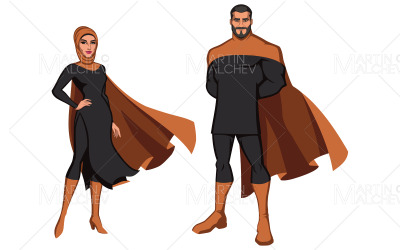 Coppia di supereroi mediorientali su bianco illustrazione vettoriale.