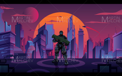 Futuristisk soldat i stadsvektorillustration.