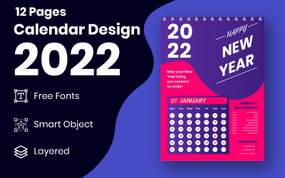Modelo de design de calendário de parede para impressão 2022 Planner