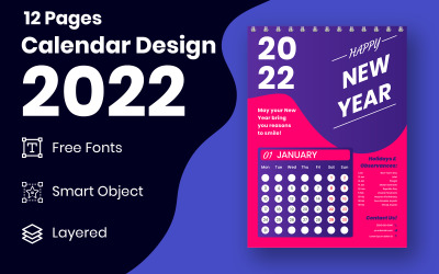 Nyomtatható fali naptár tervezősablon 2022 tervező