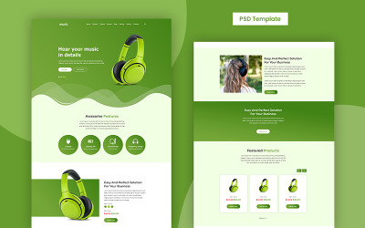 Hudba - PSD šablona pro produktovou stránku sluchátek zdarma