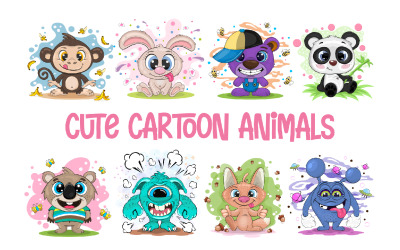 Set of Cute Cartoon Animals, Characters, Vector