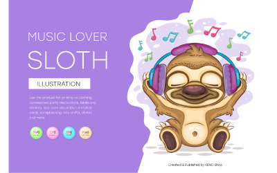 Sloth Music Lover, gullig Clipart, vektor