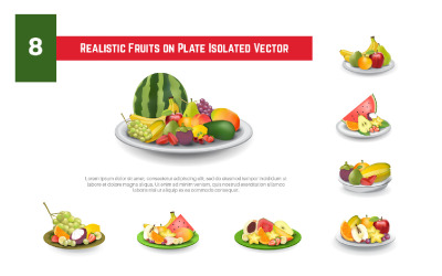8 realistiska frukter på plattan isolerad vektorillustration