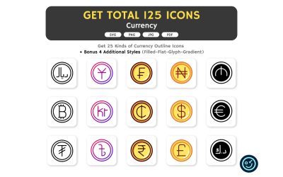 Insgesamt 125 Währungssymbole - 25 Arten von Symbolen mit 5 Stilen