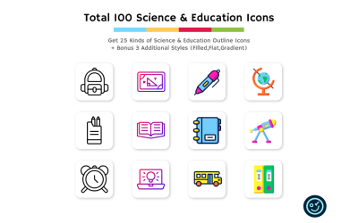 Toplam 100 Bilim ve Eğitim Simgesi - 4 Stilli 25 Çeşit Simge