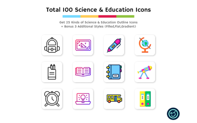 Total 100 icônes de la science et de l&amp;#39;éducation - 25 types d&amp;#39;icônes avec 4 styles