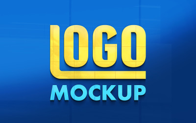 Logo Mockup Design con presentazione a parete in vetro blu