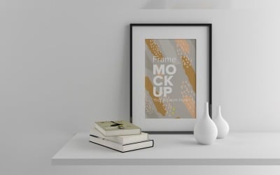 Black Frame with books and Vases on a white wall Mockup Template