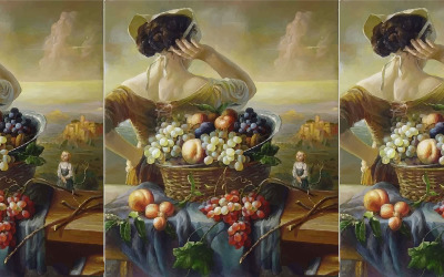 Акварель фрукти і дівчина з красивою декорацією боку звернено ілюстрації