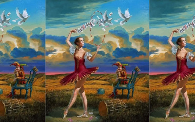 Akvarellflicka som dansar med härlig landskap Handritad illustration