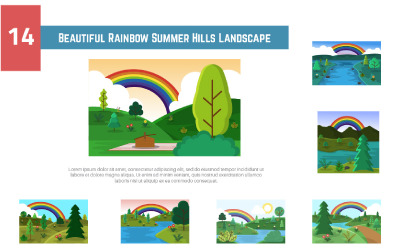 14 hermosa ilustración de paisaje de colinas de verano de arco iris