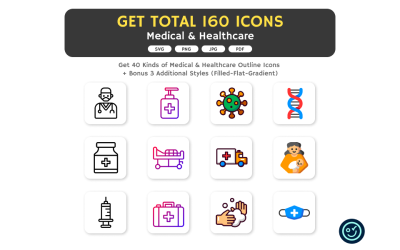 Insgesamt 160 Medizin- und Gesundheitssymbole - 40 Symbolarten mit 4 Stilen