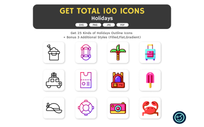 Total de 100 iconos de vacaciones: 25 tipos de iconos con 4 estilos