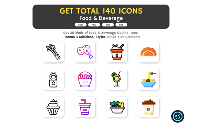 Всего 140 иконок продуктов питания и напитков - 35 видов иконок в 4 стилях