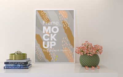 Frame With Decorative Flowers And Books On The Shelf Mockup Template