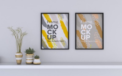 Black Two Frames With Decorative Vases On The Shelf Mockup Template