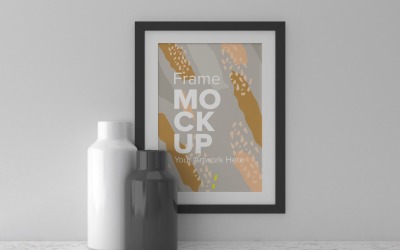 Modello di mockup di cornice nera con vasi sullo scaffale