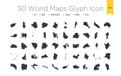 50 ikon linii glifów na mapach świata, tom 1