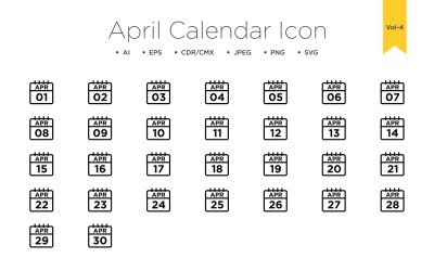 April Kalender Linje Ikonuppsättning