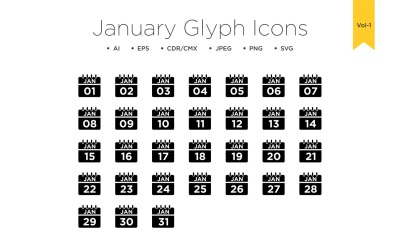 Conjunto de ícones de glifos de janeiro Vol 1