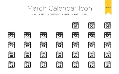 Icône de ligne de calendrier de mars Vol 3