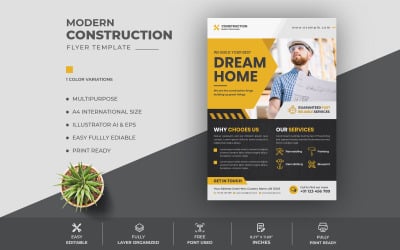 Creative Modern Corporate Yellow Color scheme Construction Flyer Design Template
