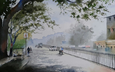 Akvarell út az autópálya úton, gyönyörű téli reggel kézzel rajzolt ábrán