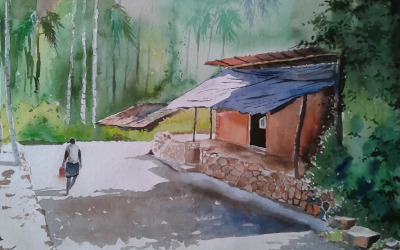 Akvarell i man för härligt hus för morgon för by för man som går den handritade illustrationen