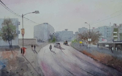 Akvarell út az autópálya úton, gyönyörű autó téli reggel kézzel rajzolt ábra