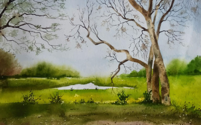 Акварельное поле на берегу пруда с рисованной иллюстрацией красивых пейзажей