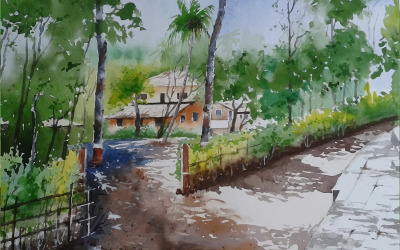 Akvarelu park na straně silnice s krásnou scenérií ručně kreslené ilustrace