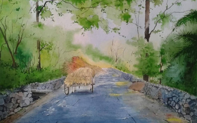 Aquarel koe auto op de dorpsweg met prachtige landschap Hand getekende illustratie