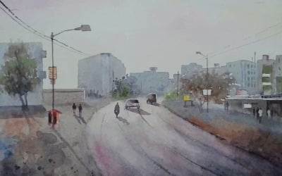Aquarell-Straße in der Autobahn-Straße mit schönem Auto-Winter-Morgen-handgezeichnete Illustration