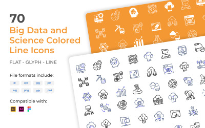 70 Big Data e scienza modello di linea colorata Iconset