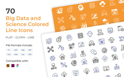 70 Big Data och vetenskap färgad linje ikoner mall