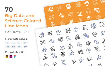 70 Big Data och vetenskap färgad linje ikoner mall