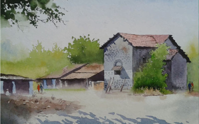 Dům akvarel vesnice místo s krásným okamžikem ručně kreslenou vektorové umění ilustrace
