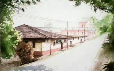 Estrada da vila em aquarela com ilustração vetorial desenhada à mão em lindo momento