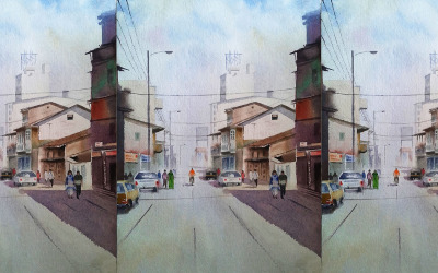 Estrada em aquarela na cidade Carro na estrada com uma bela ilustração desenhada à mão